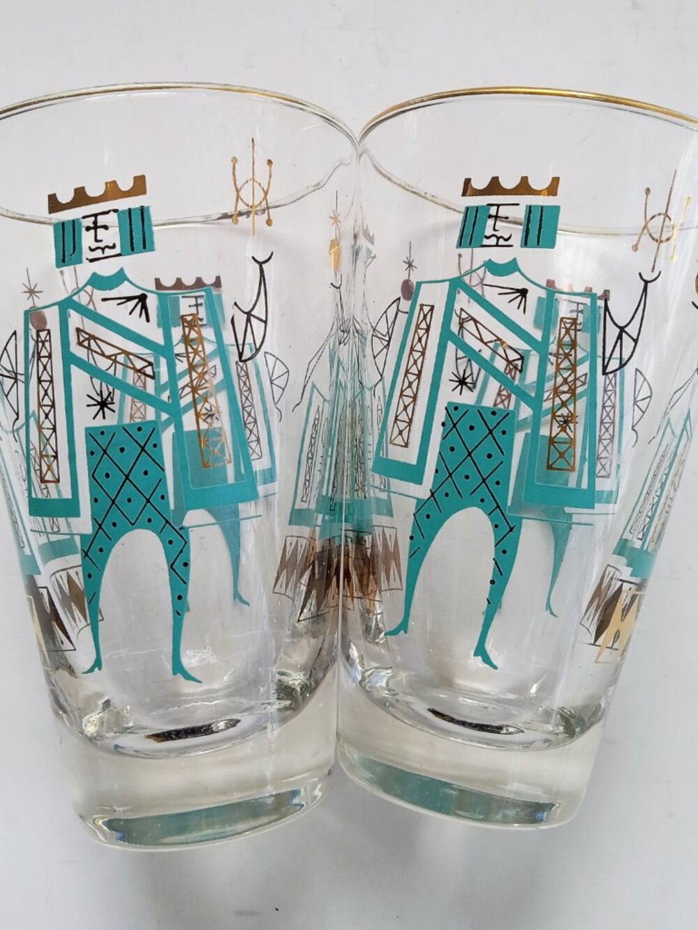 VTG Monte Carlo King & Queen 2 Tapered Tumblers MCM Atomic Libbey Turquoise 50s